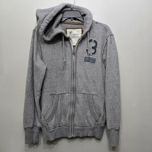 Vintage Y2K American Eagle Hoodie Men Small Gray Full Zip Sweatshirt Jacket AEO